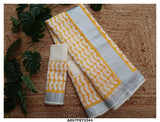 Yellow Bird, Aari Work and Block Print on Kerala Cotton Saree with Blouse-KIA001AWS