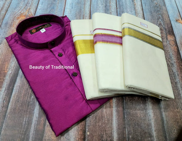 Onam Special South Indian Style Purple  Kurta with 3 Mundu Combo for Men -SAHEL001KCP