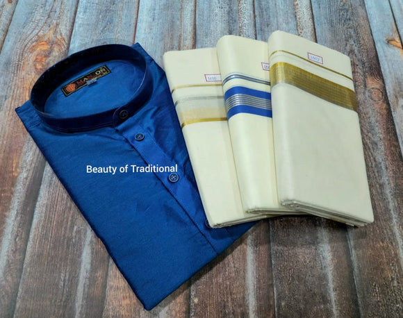 Onam Special South Indian Style Blue   Kurta with 3 Mundu Combo for Men -SAHEL001KCB