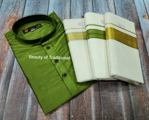 Onam Special South Indian Style Green  Kurta with 3 Mundu Combo for Men -SAHEL001KCG