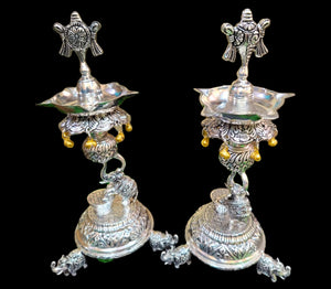 Gajendra , Pair  of 2 antique German silver washable limited edition exclusive collection shanku chakra deepam with elephant leg Lamps-SILVI001ELL