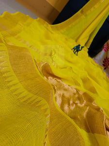 Pure Jayasree 100 count Linen Mocklino Saree  with Pure Tested woven  Golden Zari borders & Pallu -PRIYAN001YL