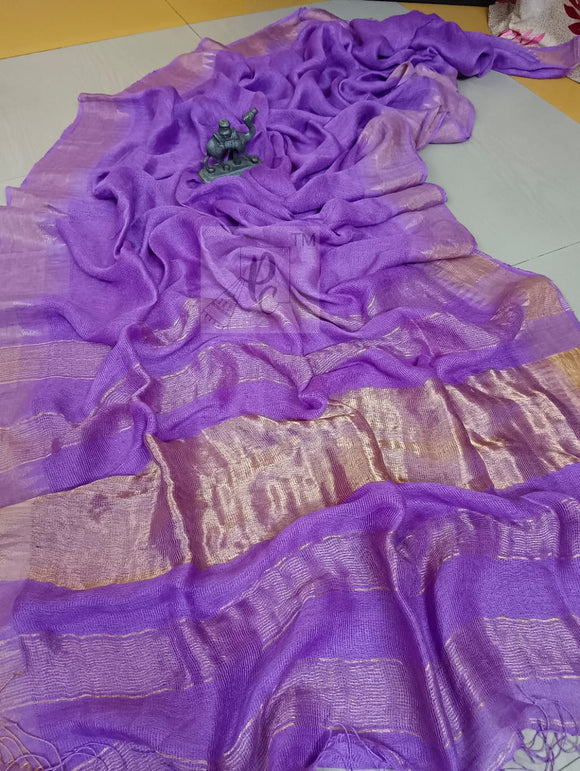 Pure Jayasree 100 count Linen Mocklino Saree  with Pure Tested woven  Golden Zari borders & Pallu -PRIYAN001vL