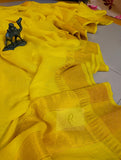 Pure Jayasree 100 count Linen Mocklino Saree  with Pure Tested woven  Golden Zari borders & Pallu -PRIYAN001YL