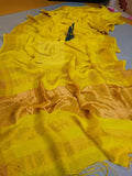 Pure Jayasree 100 count Linen Mocklino Saree  with Pure Tested woven  Golden Zari borders & Pallu -PRIYAN001YL