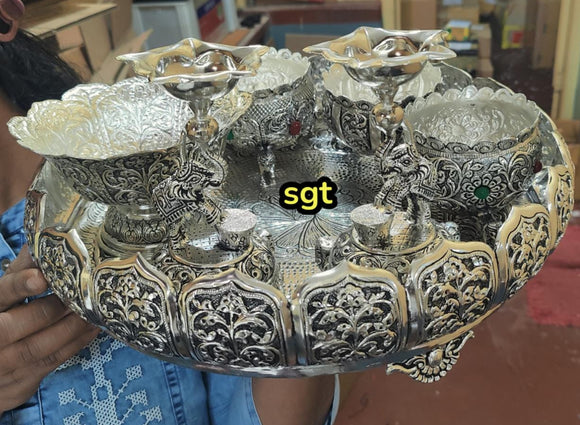 Banumati , elegant German Silver Antique finish Pooja Thali Set -SILVAN001PT