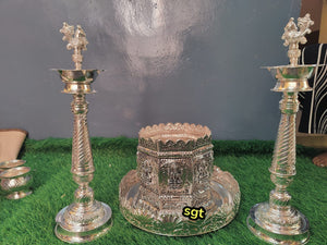 Vimala, elegant German silver peacock lamps and Tulsi pot with tray combo-SILVAN001C