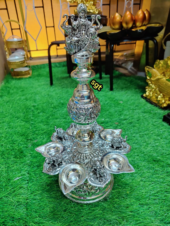 Vidyalakshmi , Pair of 2,  Antique German silver washable limited edition exclusive Gajalakshmi Lamps with  5 elephant diya-SILVAN001VL