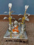 Vyjayanty , elegant Orange Color Lakshmi idol with chowki and banana trees combo for Puja-SILVI001BTCO