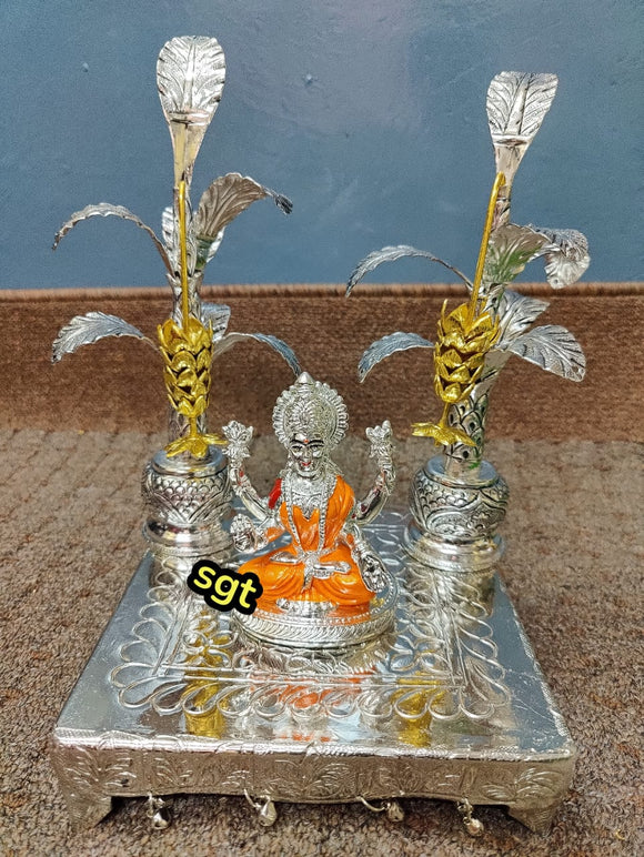 Vyjayanty , elegant Orange Color Lakshmi idol with chowki and banana trees combo for Puja-SILVI001BTCO
