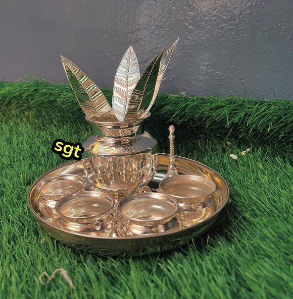 Full set German Silver washable Plate with Kalsha , Mango Leaves ,Bell and Kumkum Bowls-SILVI001CA