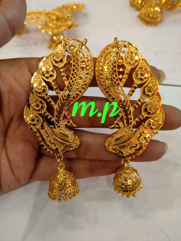 Mastaani  , Peacock design elegant big size Gold plated jumka with ear cuff for women -AMAZE001JB