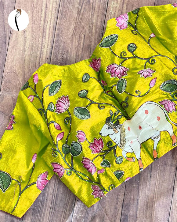 Yellow shade Pure Silk hand work Readymade Blouse for women -GARI001Y
