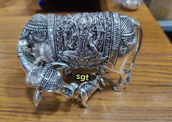 Antique Finish  German Silver Goddess Lakshmi engraved Kamdhenu idol -SILVAN001KD