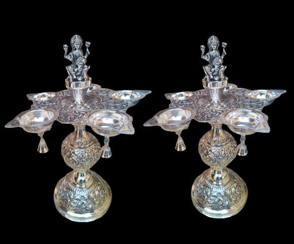 Lakshmi jayam , Pair of 2 Antique Finish German silver washable limited edition exclusive collection  Lakshmi Pancha Diya-SILVAN001PDL