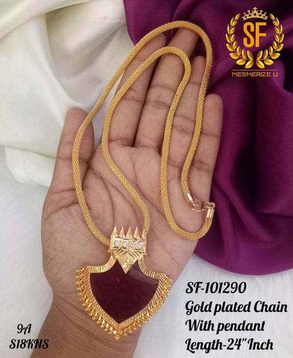 South Indian Style Traditional Red  Palakka Design Pendant with Gold finish chain -ART001PLR