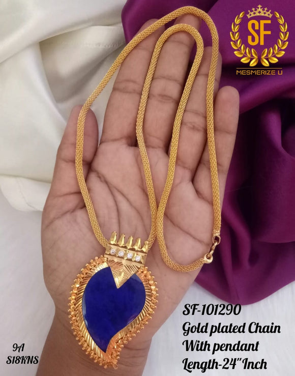 South Indian Style Traditional Blue  Manga /Mango Design Pendant with Gold finish chain -ART001MBL