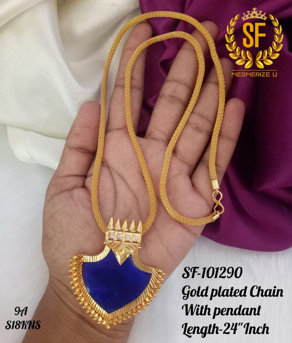 South Indian Style Traditional Blue  Palakka Design Pendant with Gold finish chain -ART001PLB