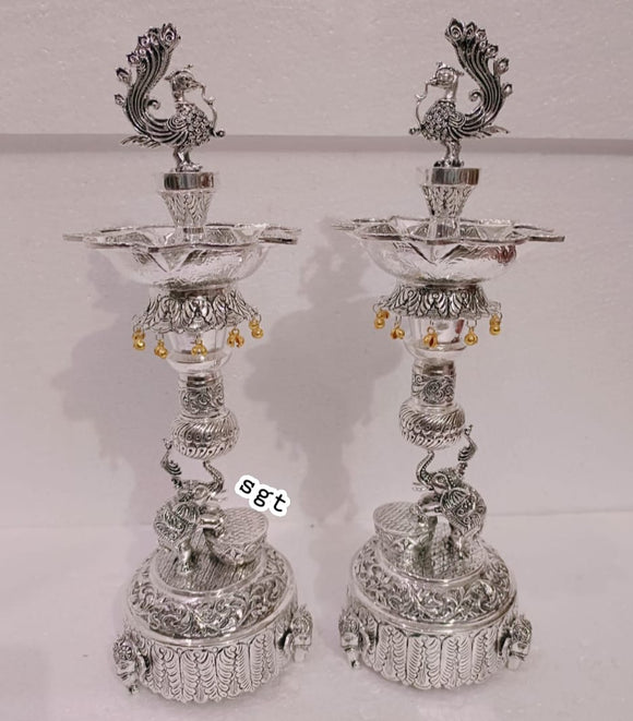 Suvarna , Pair of 2  Antique  Finish German silver washable pure silver plated  deepams with elephant base-SILVA001PL