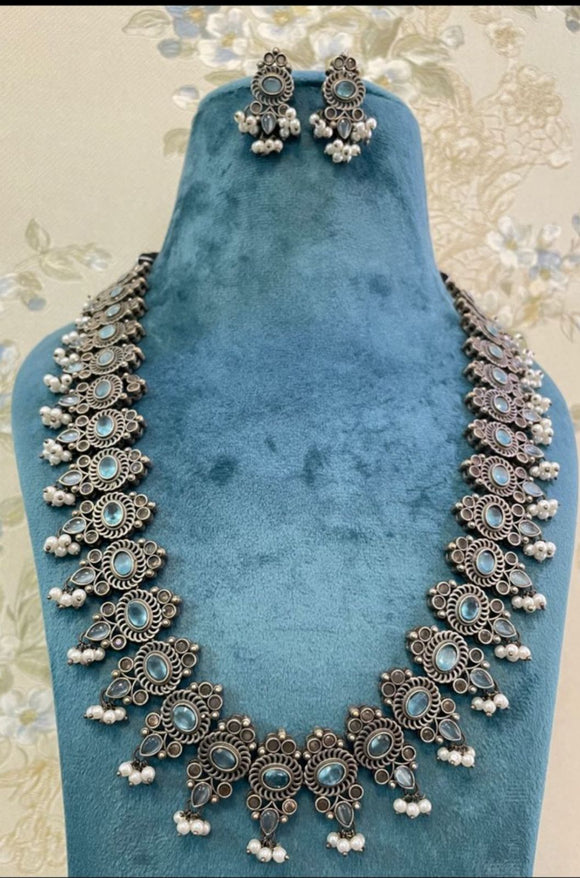 Pastel blue , elegant Oxidised silver finish necklace set for women-RITU001NSPB