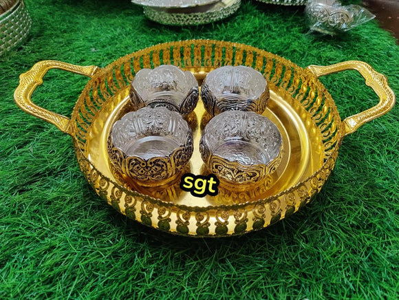 Vidyasree , Gold finish Tray with Kumkum Bowls-SILVA001KM