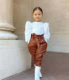 Leatherite Pants with white Top for Girls-OKG001LT