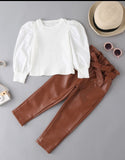 Leatherite Pants with white Top for Girls-OKG001LT