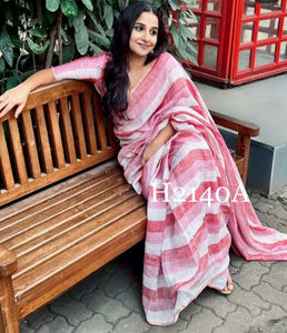 Pink Glory , Elegant Pink Bollywood Celebrity Vidya Balan Inspired Stripes Linen Saree for Women-PRIY001PSV