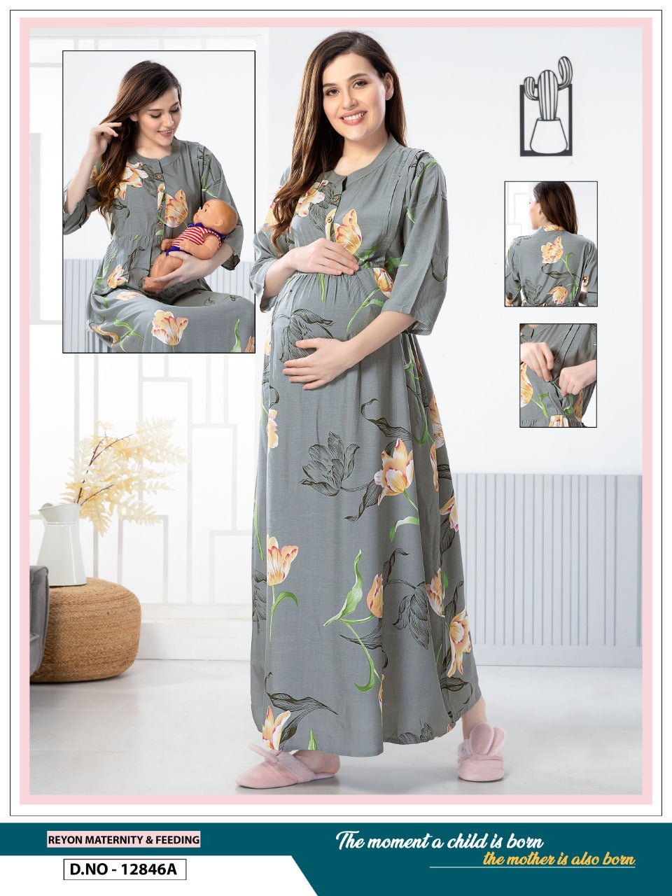 Grey Lifestyle Luxury Premium Quality Maternity Nighty for Women