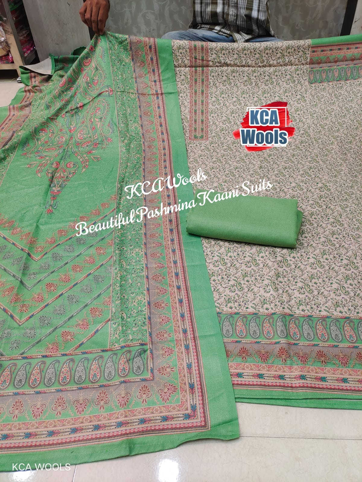 Pista green shade KCA Wools Pasmina Kani weaved salwar suit material f –  www.soosi.co.in