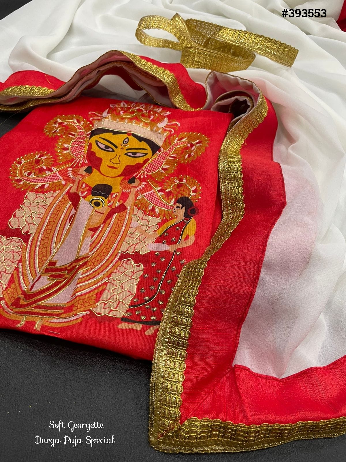 Durga Puja Red and White Silk Zari Border Work Sari Saree Festival Sari  Blouse | eBay