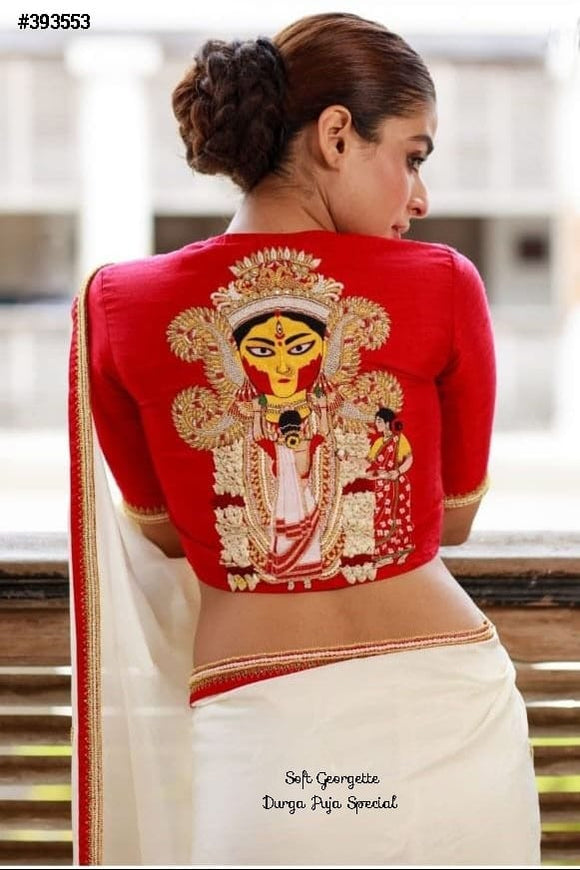 Durga Puja Special Red  and White Designer saree for women -21ET001DP