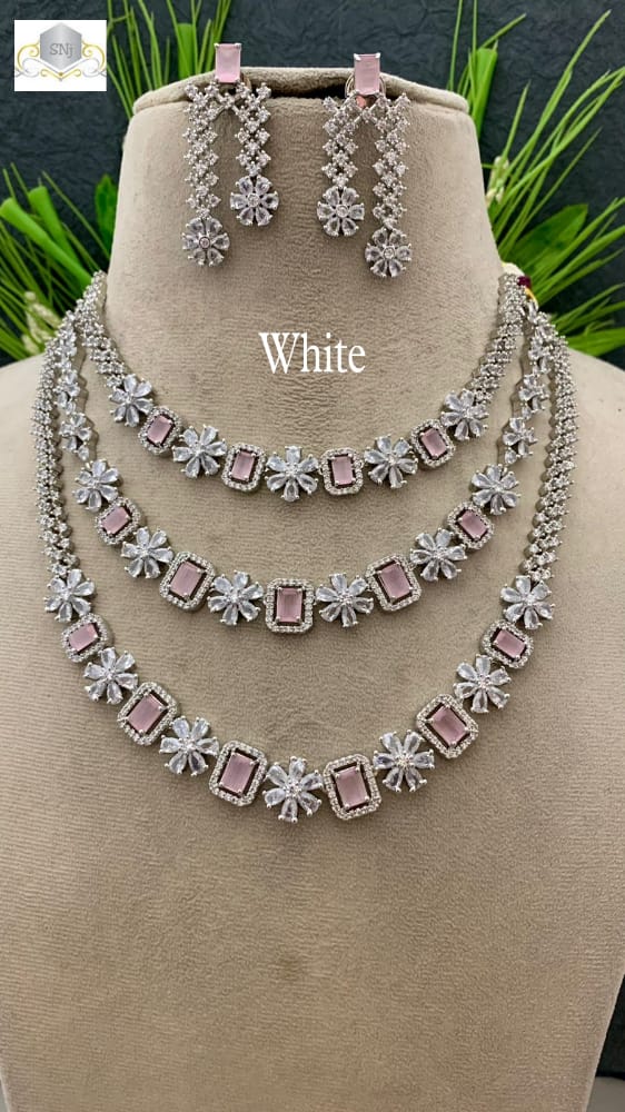 Diana, elegant Pastel pink silver  finish white stones layered necklace set for women -RITU001WNSP