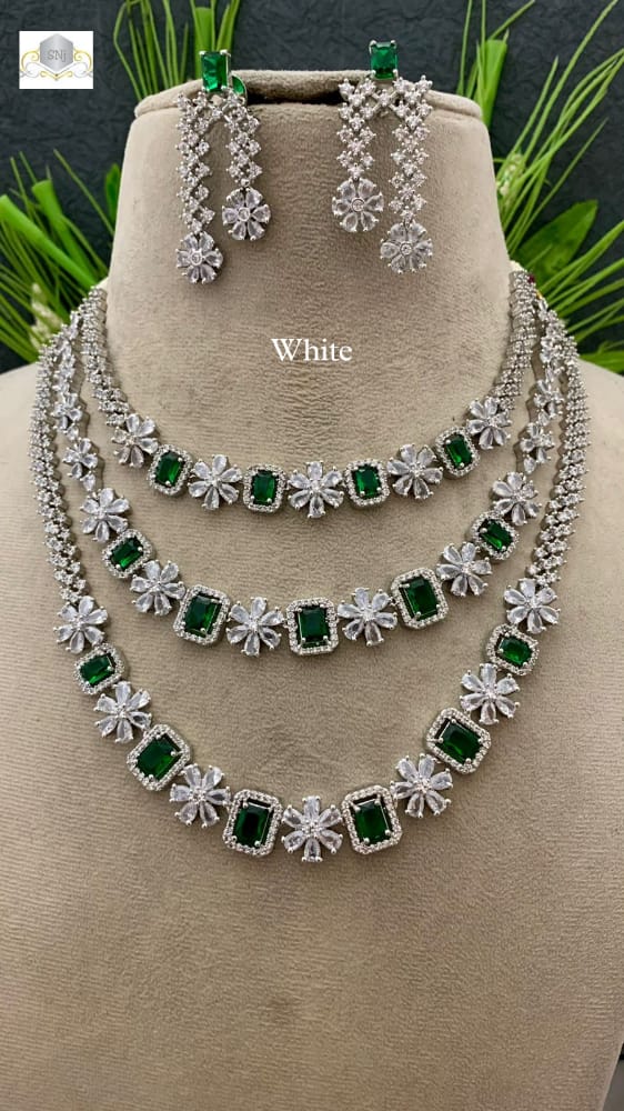 Diana, elegant  silver  finish Green  stones layered necklace set for women -RITU001WNG