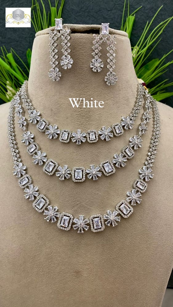 Diana, elegant white gold finish white stones layered necklace set for women -RITU001WNSW