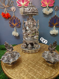 Ganesh Festival Special Pure Silver Plated Ganesh Idol with Peacock Diyas and Chowki-SILL001GC