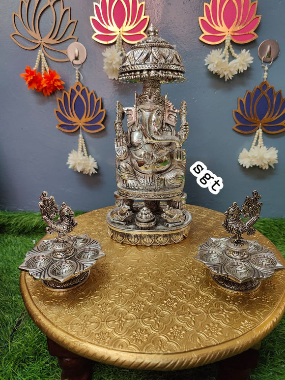 Ganesh Festival Special Pure Silver Plated Ganesh Idol with Peacock Diyas and Chowki-SILL001GC