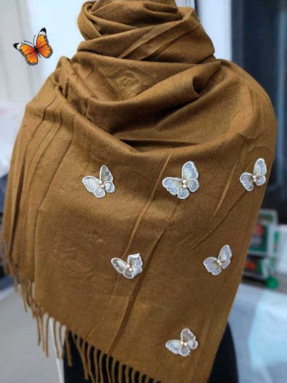 Brown Premium Branded Butterfly Palla Concept Cashmere Wool Stole-GARI001PSBR