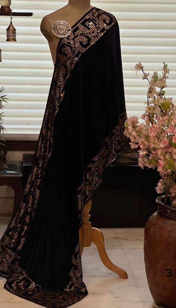 Exquisite Velvet stole with Mirror Swarovski work for women -GARI001VSB