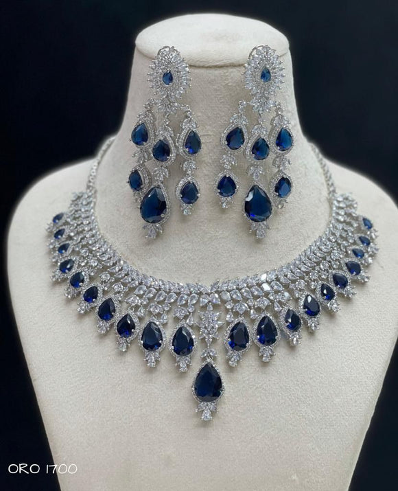 Rachelle , elegant platinum finish Stone Necklace Set for Women -LR001DNSR