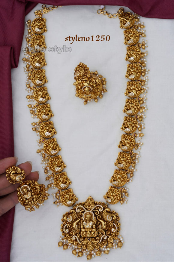 Shakambari  , elegant Matte Gold finish Temple Long  Necklace set for women -LR001ANSD