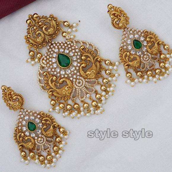 Haritha, Green stone pendant and earrings combo for women -LR001PEC