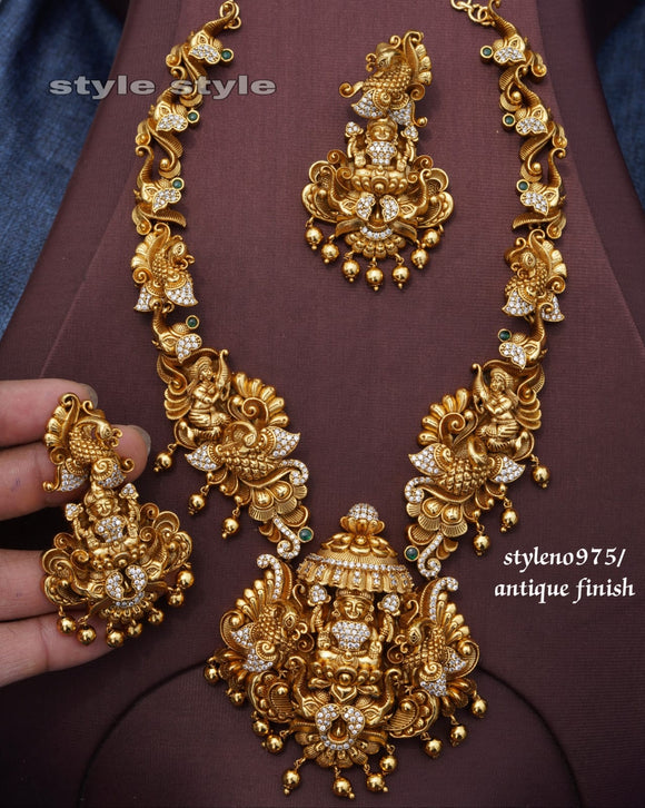 Bhimadevi  , elegant Matte Gold finish Temple Long  Necklace set for women -LR001ANSE
