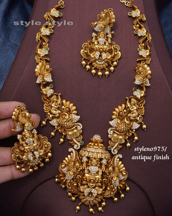 Bhimadevi  , elegant Matte Gold finish Temple Long  Necklace set for women -LR001ANSE
