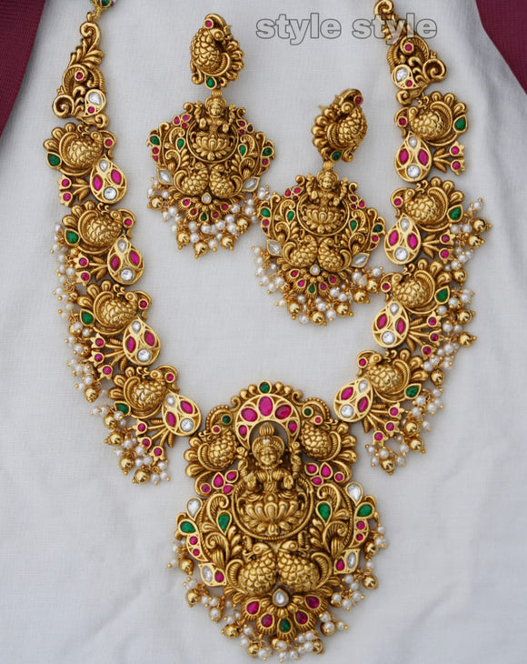 Shivadhuti  , elegant Matte Gold finish Temple Long  Necklace set for women -LR001ANSF