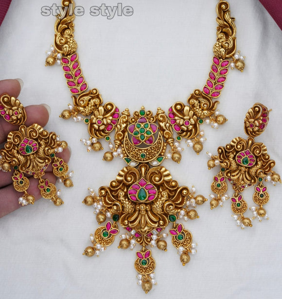 Chandraganta  , elegant Matte Gold finish Temple Long  Necklace set for women -LR001ANSJ