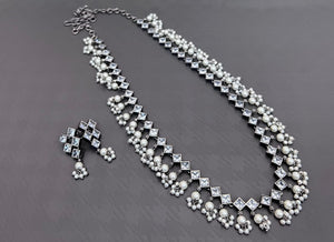 Premium Quality Long stone Silver replica Necklace set with  matching earrings-RITU001MNSH