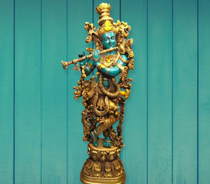 Big Size Basuri Wala Brass Krishna Statue in Blue Color-DN001BK