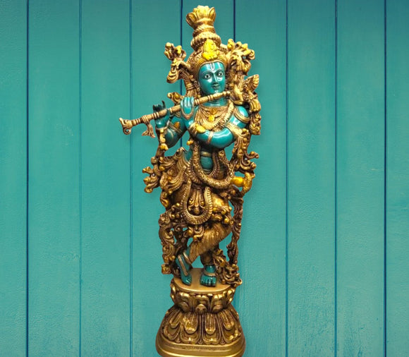 Big Size Basuri Wala Brass Krishna Statue in Blue Color-DN001BK