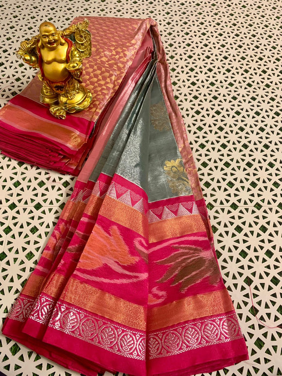 Pure Handloom Chanderi Silver Tissue Saree All over Weaving Buttas  in New Beautiful Combination-SRH001B